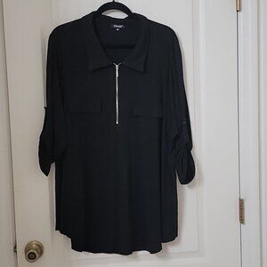 U.Vomade Size 4X Black 1/2 Zip Front Roll Tab Sleeve Blouse, Exc. Used Condition